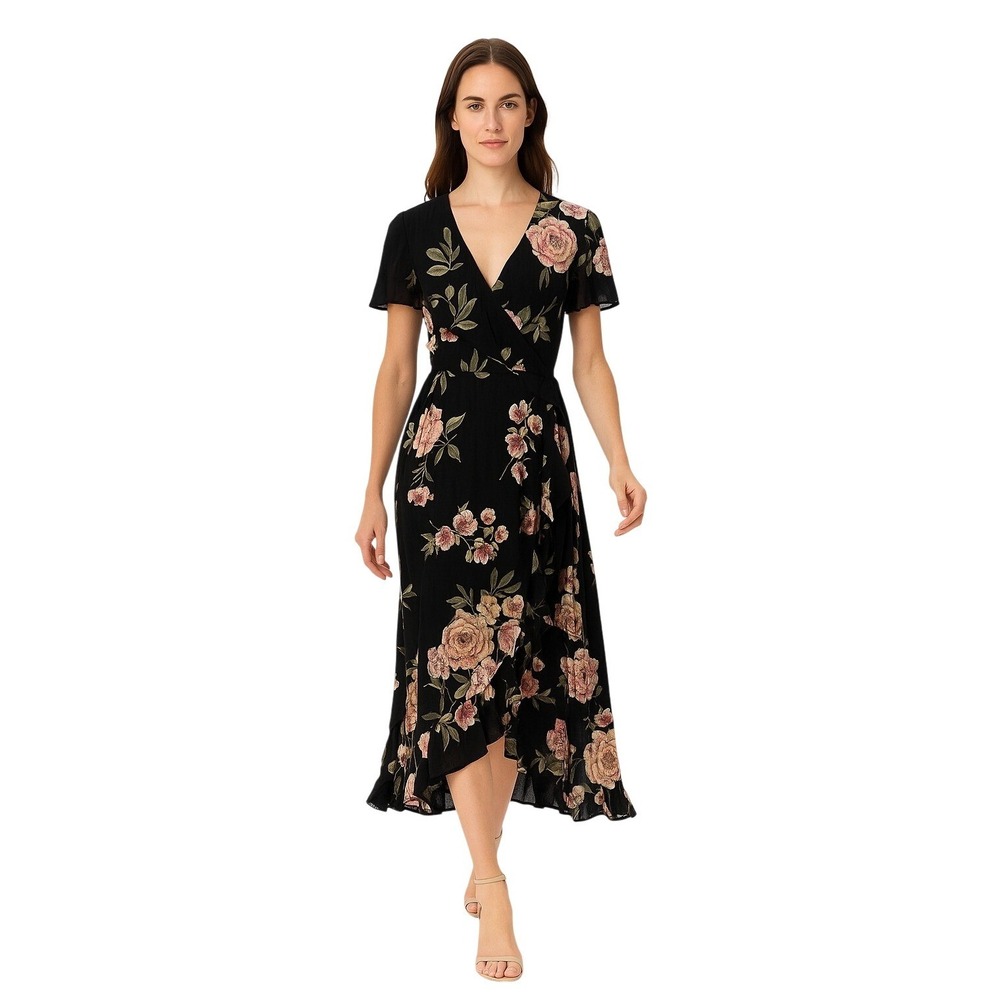 Floral Wrap Dress Black Pink Flutter Sleeve Romantic Cottagecore Fairy Sz Small